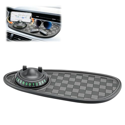 Multifunctional Car Anti-Slip Mat 360 Rotatable Car Anti Slip Mat Phone Holder Universal Dashboard Pad with Temporary Parking Number Dashboard Accessories for Sunglass Chapstick (Black Gray)