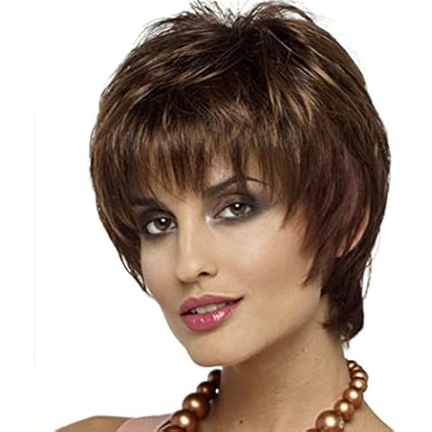 MIUXIU Ladies Brown Short Fluffy Layered Nature Side Part Wigs Blonde Short Straight Wigs for Women Hair Heat Resistant Full Wigs Short Layer bangs Hair (Brown) Cover