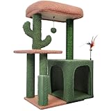 HUITREE 31.50' Cactus Cat Tree for Indoor Cats with Cat Condo and Scratching Post,Cute Cat Tower with Self-Grooming Brush and Toy Balls,Green