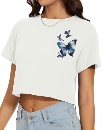 Image of Womens Crop Tops Summer Short Sleeve Round Neck T-Shirts Loose Fit Blouse