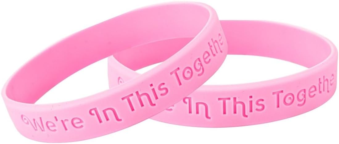 50 Pack Fundraising Pink ribbon Awareness Silicone Bracelet Wristbands - 'We're In This Together' Support Bands