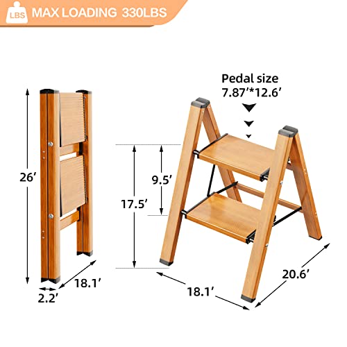 GameGem 2 Step Ladder, Aluminum Folding Step Stool with Anti-Slip Sturdy and Wide Pedal, Lightweight Portable Multi-Use Stepladder for Home and Kitchen Use Space Saving, Woodgrain, 330 lbs - Image 4