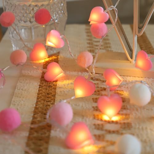ChiRee 9.85Ft String Lights with 20 Pink Heart LEDs 20 Pink Pom Poms Garland Lights with Timer Valentine Decoration for Home Kid Bedroom Mother's Day Wedding Party Valentine's Day Decor