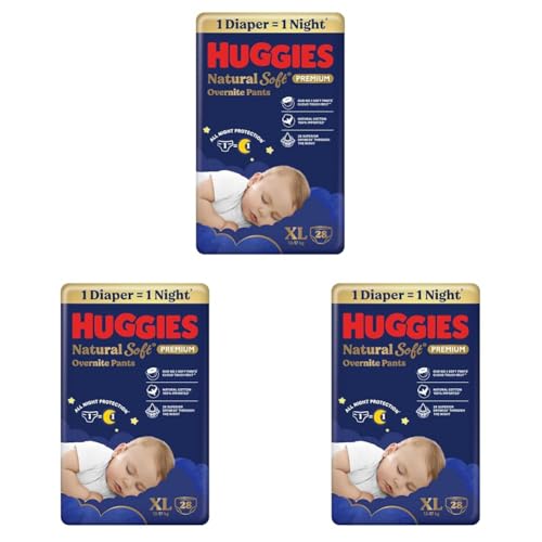 Image of Huggies Natural Soft Overnite Diaper Pants| Premium Pant Style Baby Diapers Medium Size (XL Size | 12-17 Kgs), 28 count| Keeps baby dry all night with cloud softness all over (Pack of 3)