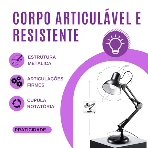 Luminaria de Mesa Escritório Articulável Abajur com Garra e Base Leitura Estudo Quarto Articulada Pr
