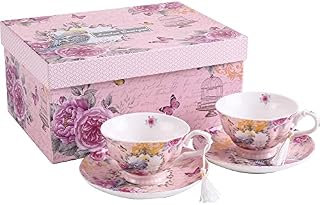 London Boutique Coffee Tea cup and Saucer set 2 Vintage Retro Rose porcelain set Gift Box (Vintage Summer)