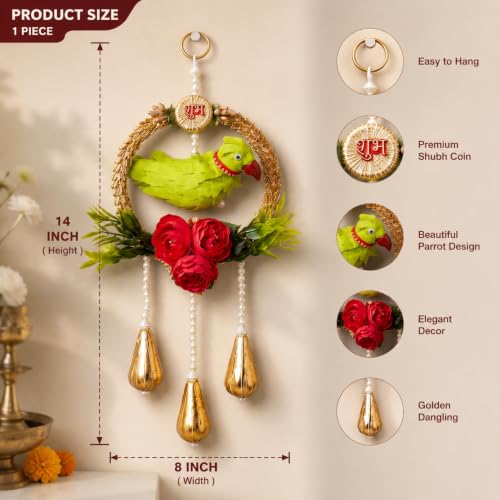 Image of Shubh Labh Door Hangings (1 Pair) - Parrot Hangings for Door Entrance, Home Mandir, Diwali Decoration,Festive Decor,Ganpati Decor,Pooja Room Decor, Home Temple Decoration Items