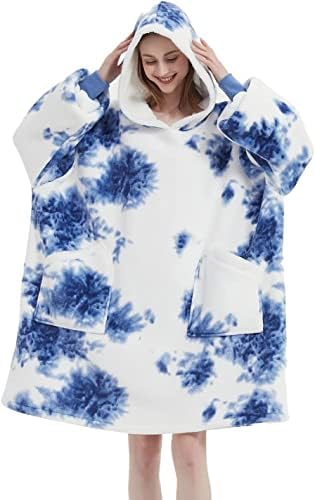 cotton yangda Oversized Hoodie Blanket Fluffy Fleece Blanket Hoodie Sweatshirt w/ Deep Pockets, Cozy Warm Fleece Sherpa, Gifts Adults Mom Wife Girlfriend Men, Light Blue Tie-dye, One size fits all