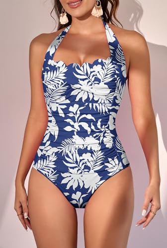 Image of Eomenie Women One Piece Tummy Control Swimsuit Halter Scallop Trim Bathing Suits 1 Piece Vintage Ruched Slimming Swimwear