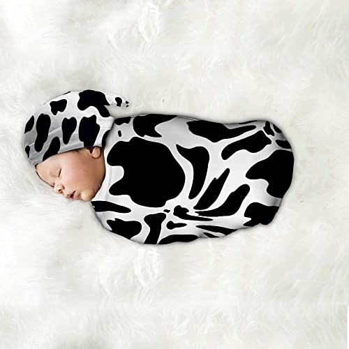 Image of Cow Print Newborn Swaddle Blanket with Hat Sets Newborn Receiving Blanket for Boy Girl Swaddle Sack Shower Infant Gift