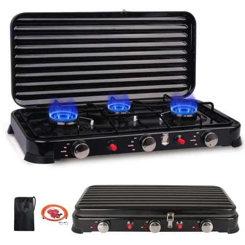 Inoamity Fornello a Gas da Campeggio 3 Fiamme Portatile – 5400W Fornello da Campeggio con Coperchio, Paravento, Regolatore & Borsa Trasporto (Nero) – Kit Cucina Compatto per Esterni