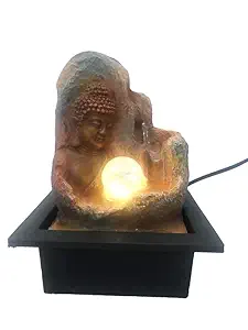 CHRONIKLE Polyresin Brown Buddha Table Top Home Decor Indoor 3 Steps Water Fountain with Yellow LED Lights, Water Flow Controller Pump & Rotating Ball (Size: 27 x 21 x 18.5 CM | Weight: 1230 grm)