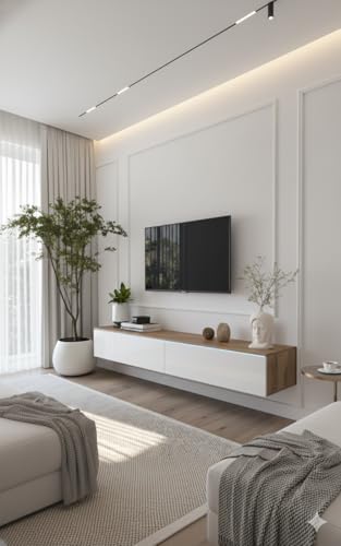 MINIO go for it - Meuble TV Donna, Largeur 180 cm, Lowboard TV, Debout ou Suspendu, Meuble Salon, Panneaux de Particules stratifiés, Style Moderne, Chêne Wotan/Blanc...