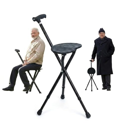 Walking Stick with Seat & Light Aluminum Alloy Adjustable Height Cane Seat Heavy Duty Folding Lightweight 3 Legged Women and Men