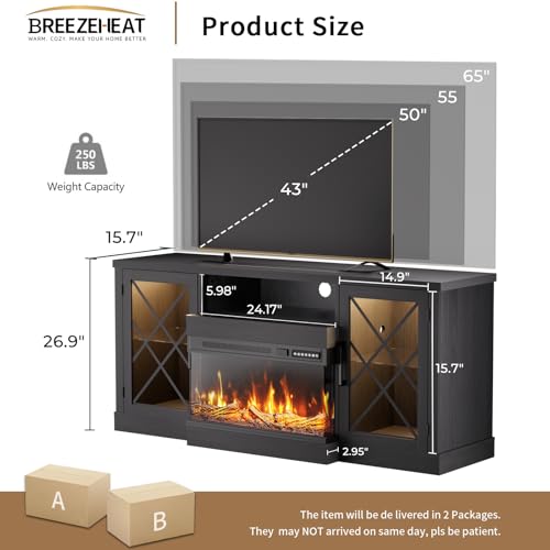 Image of BREEZEHEAT Fireplace TV Stand for TVs up to 70 inch, 3-Sided Electric Entertainment Center with 24 inch LED Fireplace, Media Console w /Storage Cabinet & Glass Doors, 59Inch, Black