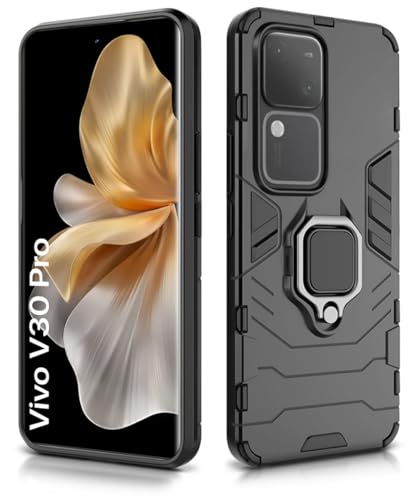 Image of WOW IMAGINE Shock Proof Back Case Mobile Cover for Vivo V30 Pro | Back Cover Case (Tough Armor | Hybrid PC + TPU | Ring Holder & in-Built Kickstand | Black)