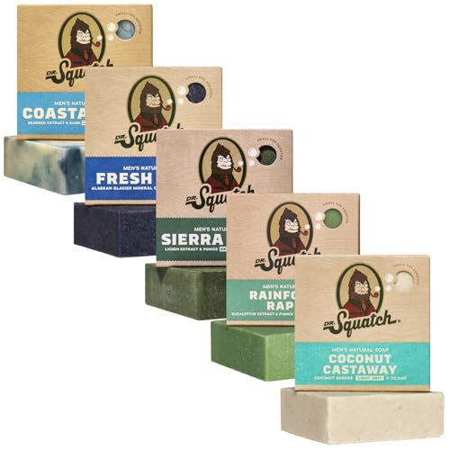 Dr. Squatch Natural Bar Soap for Men – Cold Process Soap with No Harsh Chemicals – Coconut Castaway, Rainforest Rapids, Sierra Storm, Fresh Falls, Coastal Mist (5 oz, 5-Pack)