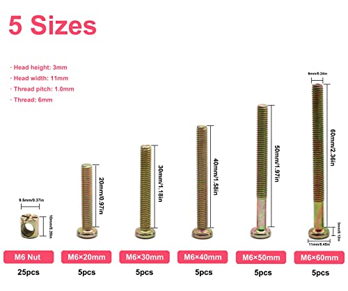 M6 Baby Crib Hardware Replacement Kit, Cseao 50Pcs Socket Cap Bolts Barrel Nuts Assortment Kit For Bunk Bed Furniture Chairs, M6X20Mm/ 30Mm/ 40Mm/ 50Mm/ 60Mm #TOP2