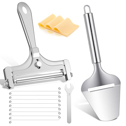 Nogeqi 2 Pcs Wire Cheese Slicer Adjustable Cheese Cutters for Block Cheese Stainless Steel Cheese Shaver with 8 Wires for Soft Semi-Hard Hard Cheeses Charcuterie Boards & Daily Cooking
