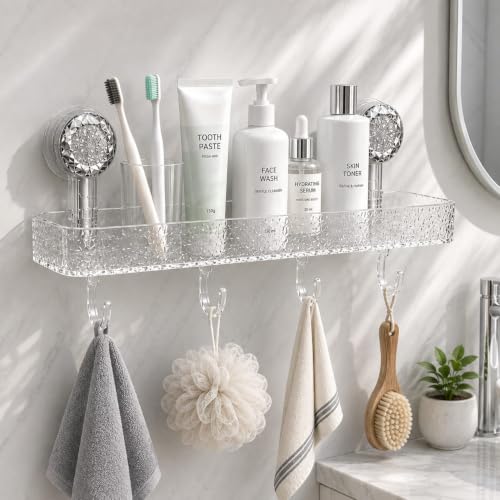 Image of UNTERI-PRO Acrylic Set of 1 Wall Mounted Bathroom Shelf Organizer| Shower Caddy with Hooks, Multipurpose Shower Storage Rack for Shampoo, Soap, Bottles, Towels & Bathroom Accessories