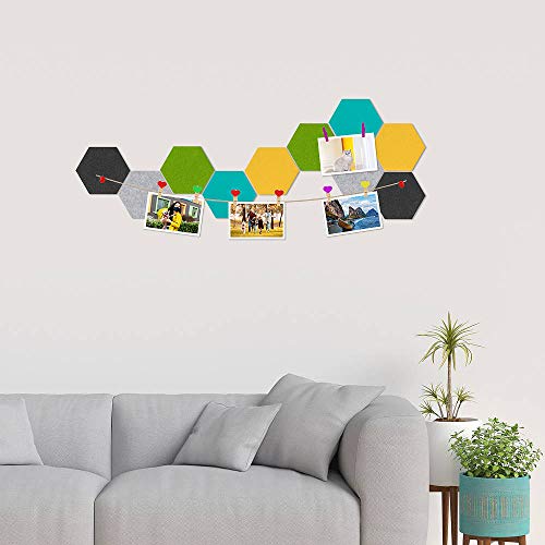 Meetory 10 Packs Felt Board Hexagon Tiles Bulletin Board with 41 Pcs Push Pins Wooden Clips Kit, Wall Stickers Display Board Notice Board for Home Office Classroom Wall Décor