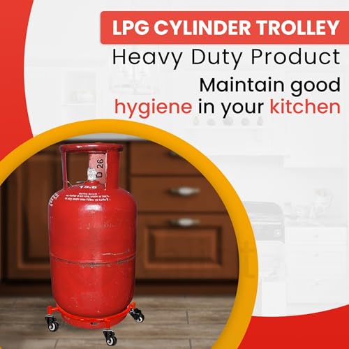Image of Gas Cylinder Trolley with Wheels - Red | Heavy Duty Stainless Steel LPG Cylinder Stand | 360 Smooth Rolling Double Bearing Casters | Rust Resistant Cylinder Holder for Kitchen & Home