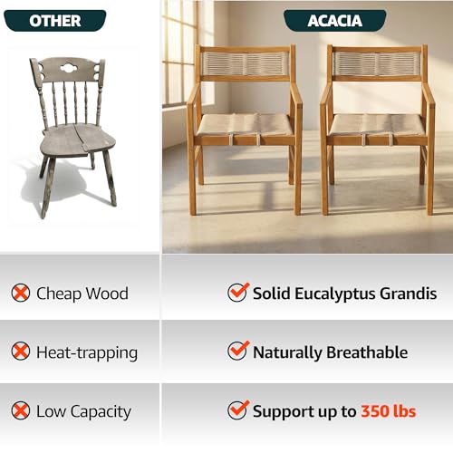 Image of Acacia Heritage Woven Rope Wood Armchair, Set of 2 - Handcrafted Outdoor Patio Dining Chairs with UV Resistant Finish - Solid Wood Boho Accent Seating for Deck, Porch & Backyard, Natural