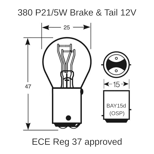 P21/5W 380 Brake Tail Light Bulb BAY15D 12V Clear Rear Stop Car Bulbs ( E-Marked MOT UK & Europe Road Legal use, Staggered Pins, Dual Filament, ECE regulation 37) Cars, Trailers, Motorcycles - 2 PACK - Image 3