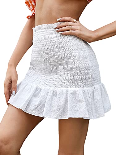 Milumia Women Boho Ruffle Hem High Waist Skirt Shirred Solid Bodycon Mini Skirt White Small