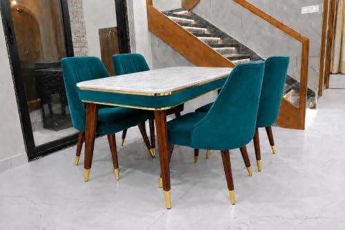 Image of WOODEN SPACE 4 Seater Wooden Dining Table Set | Urban Marble Top Dining Table with Chairs for Dining Room & Kitchen (Modern Frontline Sea Blue) (54 x 36 x 30 inch)