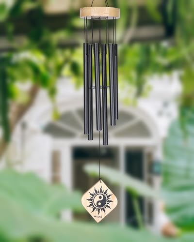 Image of 6 Pipe Aluminum & Wood Wind Chimes for Home Positive Energy - Black | Deep Tone Outdoor Wind Chime | Garden & Balcony Decor | Hanging Bell for Peace & Harmony