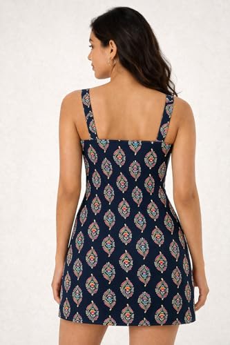 Image of Rayon Printed Short Dress for Women | Sleeveless Style | Pull-On Closure, Floral Design, Square Neck, Slim Fit Style for Parties, Summer Evening Outfits - Black