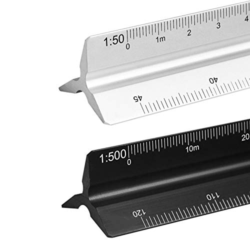 JOLIGAEA 2 Piezas Triangulares, Regla arquitectónica de Escala Métrica de Aluminio, 1:100,1:200,1:250,1:300,1:400,1:500/1:20,1:25,1:50,1:75,1:100,1:150,30 cm para Ingenieros Dibujar,Medida