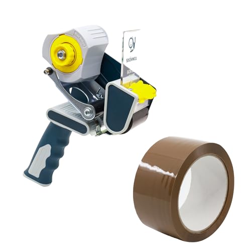 Kleberino Profi Paketbandabroller + 6 Rollen Paketklebeband braun | Leise abrollend | für Umzug,Verpacken | 50mm x 66m (6, Braun + Abroller)