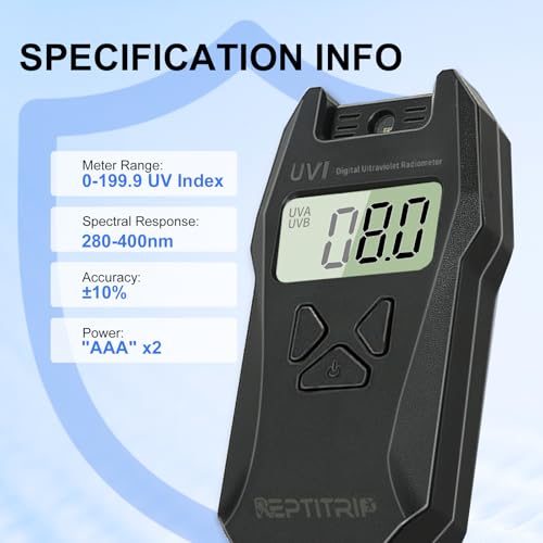 Reptile UVI Radiometer – Rotatable Probe & Data Logging, UVI Index Meter for Reptile Lamp Bulb, Measures Range 280-400 nm with Range 0-199.9 UV