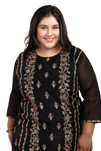 Image of DREAM & DZIRE Women's Chanderi Cotton Kurti | Floral Hand Embroidery | 3 /4 Sleeve | Round Neck | Calf Length Straight Kurta | Beige | S to 8XL Plus Size