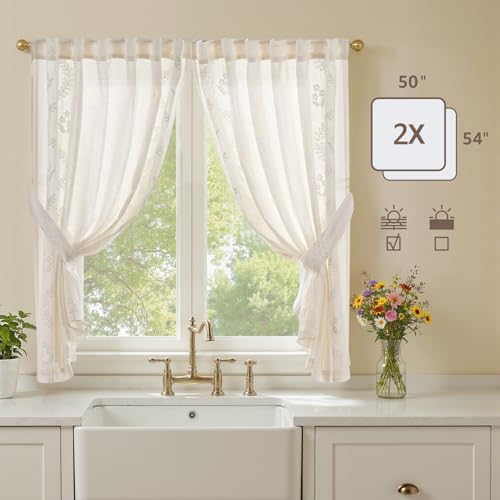 Image of jinchan White Floral Linen Kitchen Tier Curtains 50x54 Inch 2 Panels