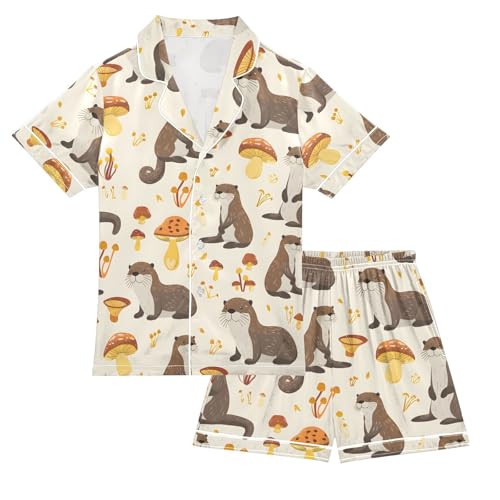 ALAZA Otter Mushroom Cartoon Pajamas Satin Pajama Set Short Sleeve Button Down Sleepwear