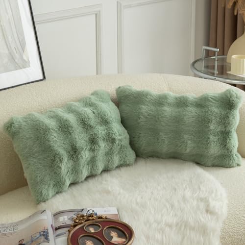 Image of MANDIOO Pack of 2 Thick Plush Wool Decorative Throw Pillow Covers Super Soft Wave Bubble Fur Velvet Cushion Covers Pillow Shams for Couch Bed Living Room 16x24 Inch Sage Green