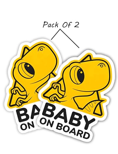 Image of eDesign Baby Dinosaur Baby on Board Sticker for Cars - 5 Inches - Baby in Car Sticker for Cars Truck SUV Van Window Bumper Baby on Board Decal 2-Pack, Yellow, Black