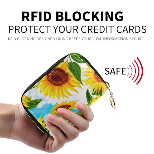 Credit Card Holder RFID Blocking Womens Wallet Zip Around Small Zipper Wallet with Coin Pocket Bright Yellow Sunflowers Sky2