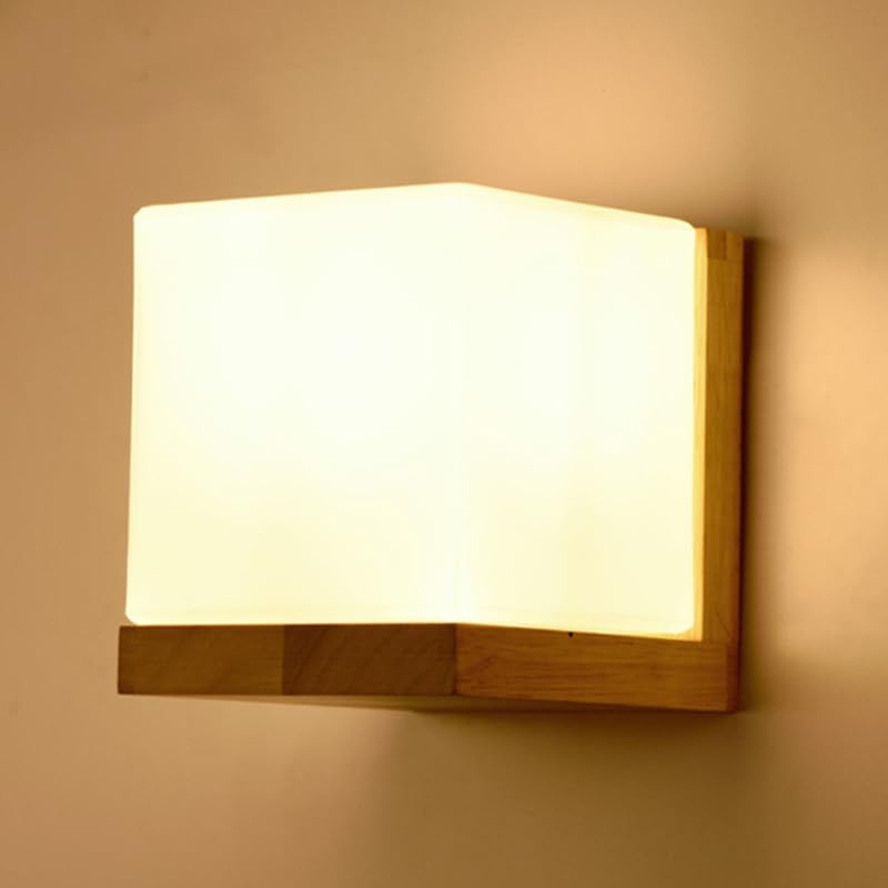 Comely Wall Light Sconce, E27 LED Wooden Wall Lamp,Square Glass Wall Lighting Fixtures for Living Room Bedroom Corridor Stairs Hallway