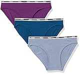 Amazon Brand - Mae Women's Matte Logo Elastic Modal Bikini, 3 Pack,Deep Ocean/Stonewash/Plum,Medium