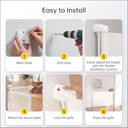 Image of A Baby Cherry - Baby Saftey Gate Retractable | Stairs & Pet Safety | Wide Mesh Gate 33 inch Tall | Expandable 55 inch | Indoor /Outdoor, Childproof Auto Lock (White)