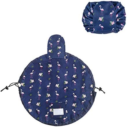 Large Capacity Lazy Makeup Toiletry Bag Drawstring Portable Travel Casual Waterproof Quick Pack Magic Makeup Storage Bag Perfect for Women Girls (DarkBlue Flamingo)