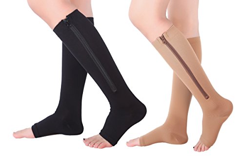 2 Pairs Open Toe Knee Length Zipper Compression Socks 15-20 mmHg Support 3 SizeassortedXXL