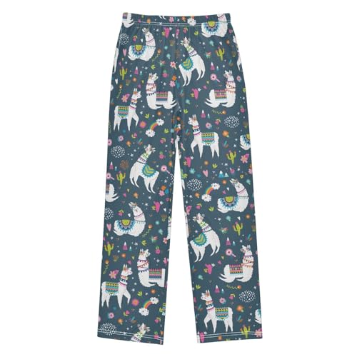 Ethnic Floral Llama Boys Long Pants Soft Trousers Elastic Waist Kids Lounge Bottoms with Pockets S-XL
