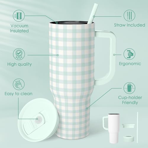 Image of SANDJEST Mint Gingham 40oz Slider Tumbler with Handle and Straw - Insulated Stainless Steel Travel Coffee Mug for Women Girls, Gift for Birthday, Christmas