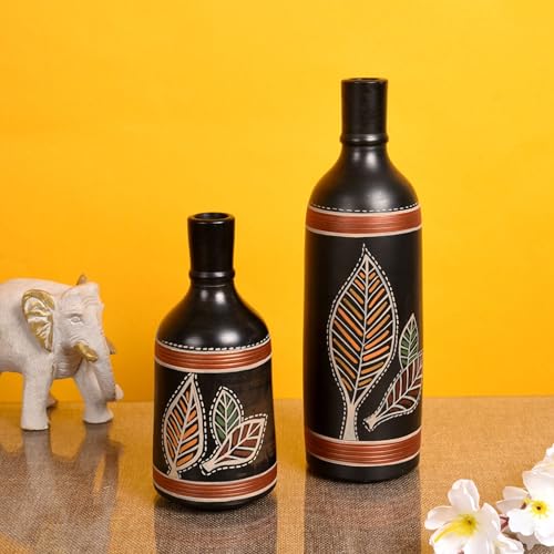 Image of Aakriti Art Creations Vase Earthen Black Bottle Madhubani Set of 2 | Floral Art Hand-Painted Terracotta Flower Vases | Matte Finish Decorative Vases for Living Room, Table Decor & Gifting