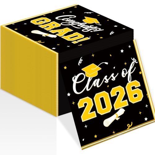 BAIVV Class of 2026 Graduation Napkins 3-Ply Disposable Congrats Grad Paper Napkins for Dinner and Cocktail Party Decorations School and College 6.5-Inch Square (100 Pure Black)